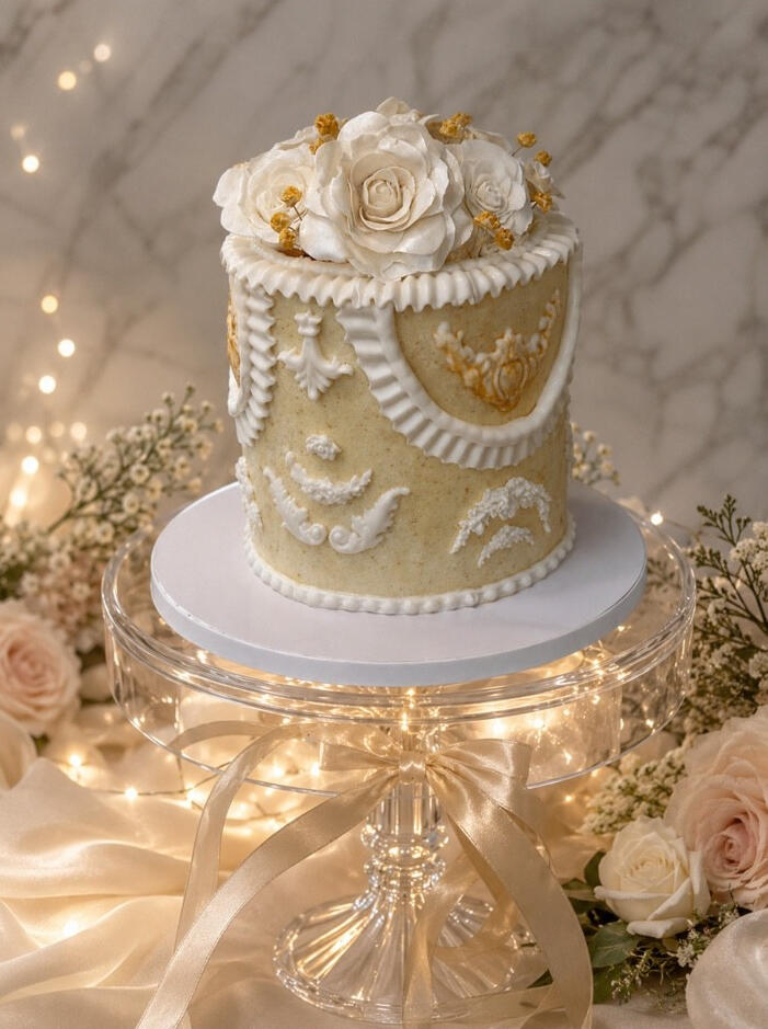 Elegant Ivory & Gold Celebration Cake Elegant ivory custom cake featuring handcrafted fondant draping, intricate piping, and ornate gold details.
